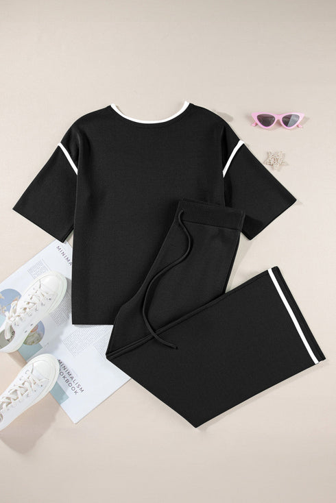 Contrast Trim Textured Knit Half Sleeve Drop Shoulder Drawstring Waist Wide Leg Two Piece Pant Set